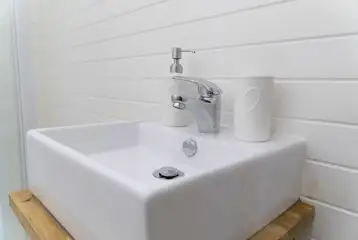 Pod ensuite bathroom sink at Eden Valley Glamping Pod ensuite bathroom sink at Eden Valley Glamping