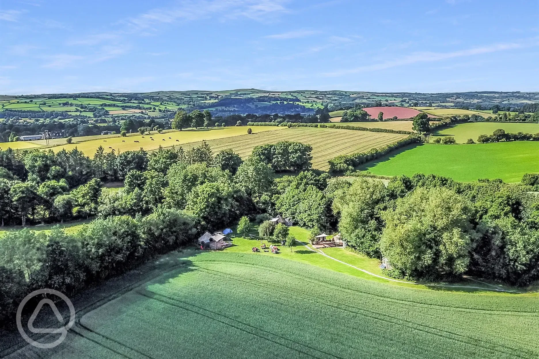 Aerial view of Wye Glamping on the edge of the Brecon Beacons