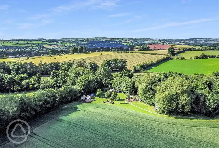 Aerial view of Wye Glamping on the edge of the Brecon Beacons