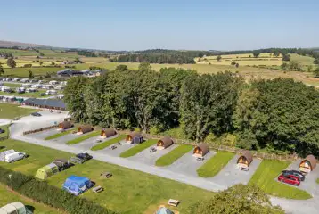 Aerial of the eight camping pods (four persons)