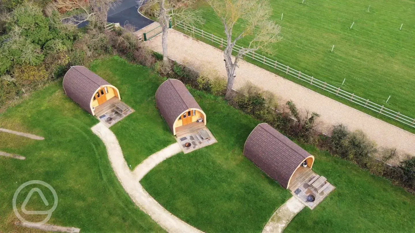 Aerial of the glamping pods