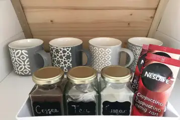 Glamping pod tea and coffee making station