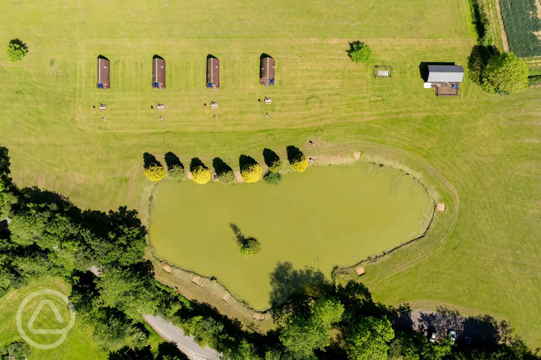 Bird's eye view of the pods and fishing lake