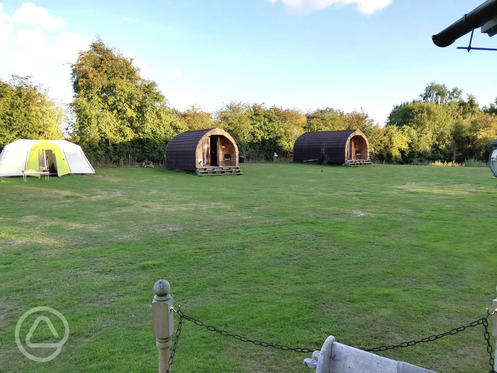 Grass pitches and camping pods