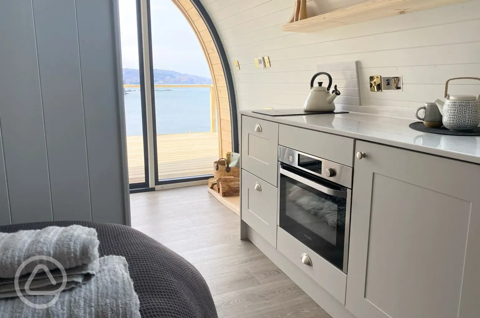 Sildvik and Sunset ensuite glamping pod interiors with a kitchenette