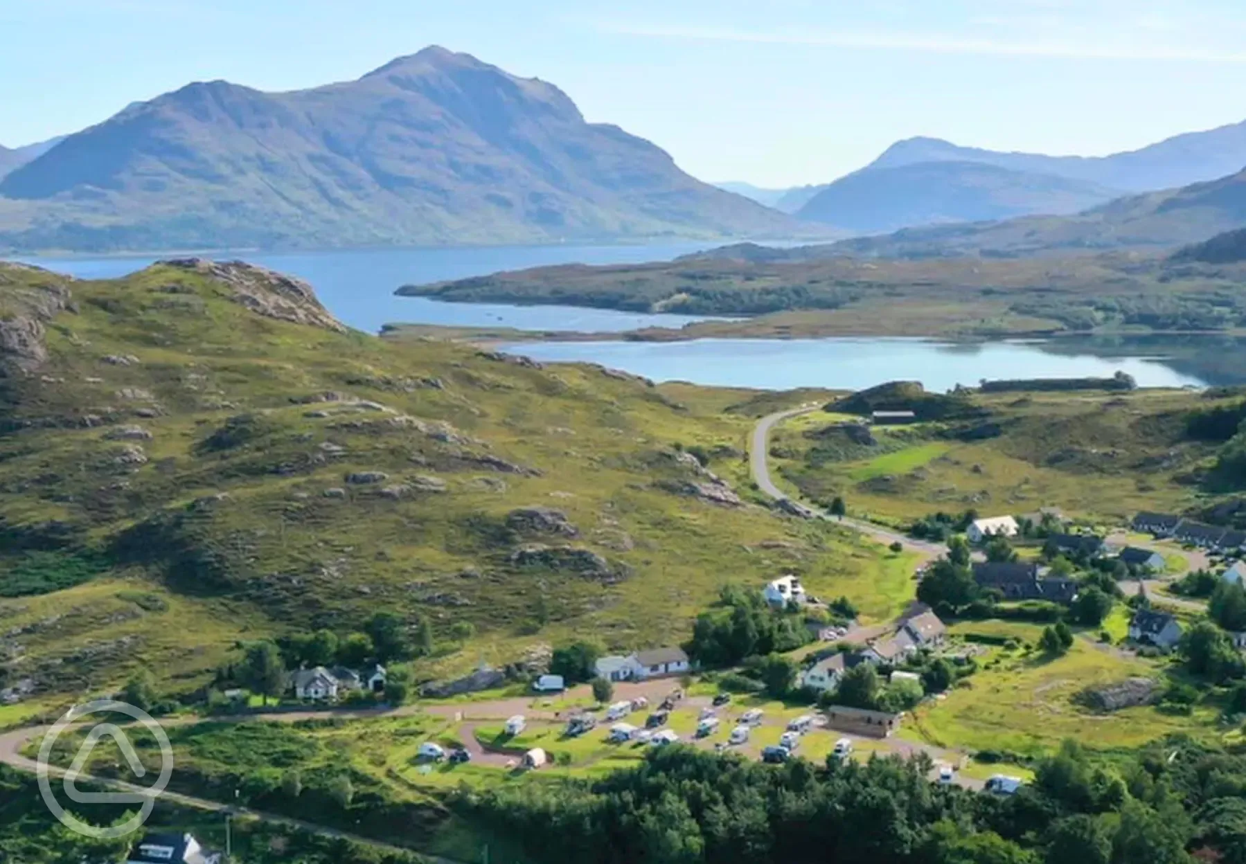 Aerial of Shieldaig Camping and Cabins by Loch Shieldaig