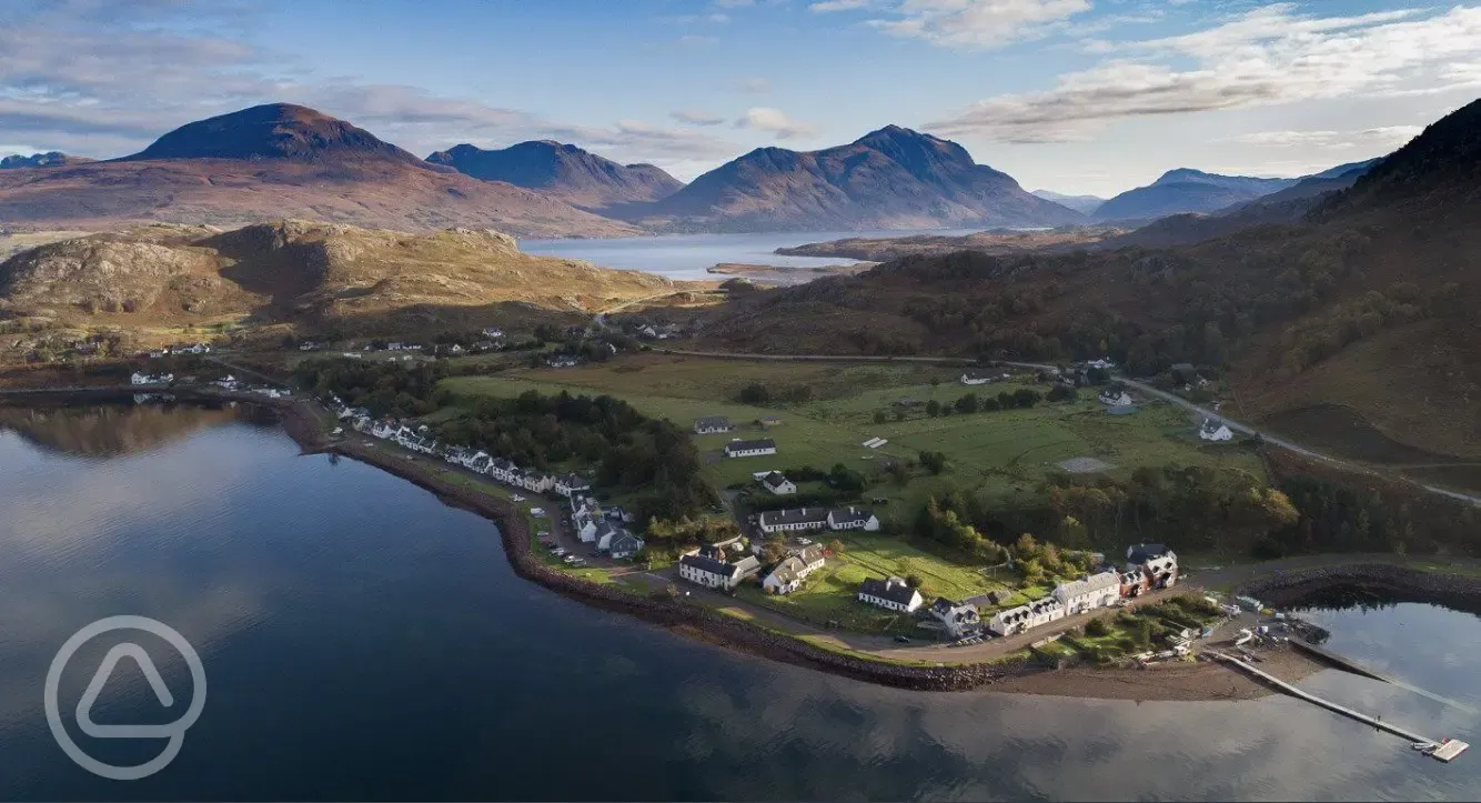 Aerial of Shieldaig Camping and Cabins by Loch Shieldaig