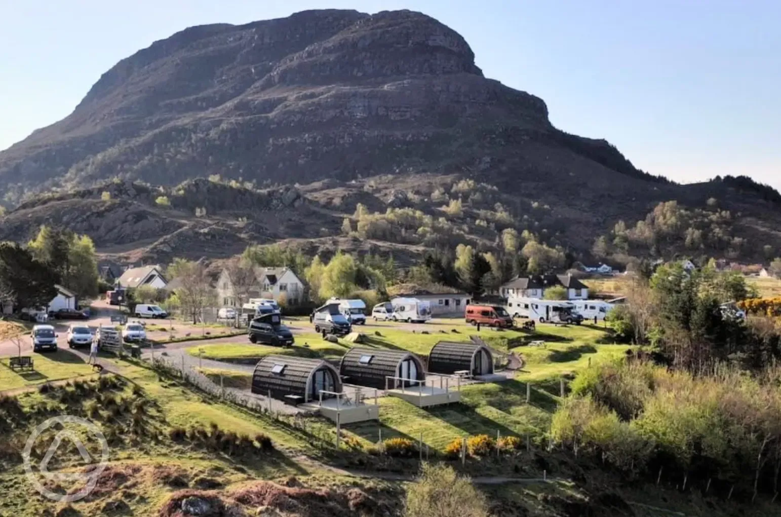Aerial of Shieldaig Camping and Cabins facing inland