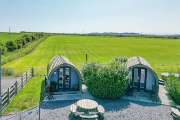 Aerial of Cennin Pedr and Pabi glamping pods with hot tubs Aerial of Cennin Pedr and Pabi glamping pods with hot tubs