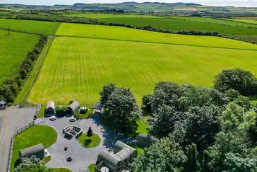 Aerial of Pods Pwll Coch in the Anglesey countryside
