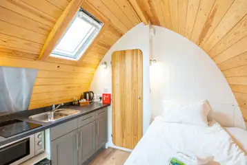 Glamping pod (with optional two person hot tub) double bed and kitchenette