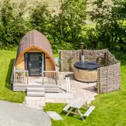 Glamping pod (with optional two person hot tub) and outdoor seating