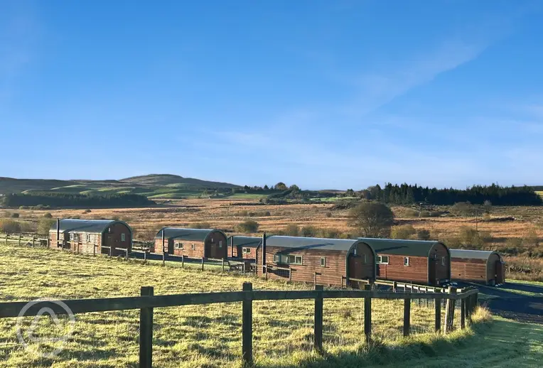 Aerial of Barnharrow Holiday Pods overlooking the Galloway Hills