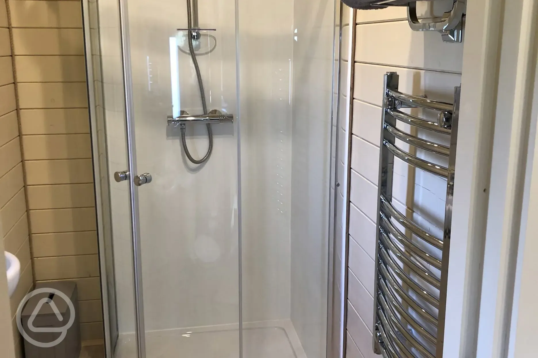 Glamping pod ensuite with shower and radiator