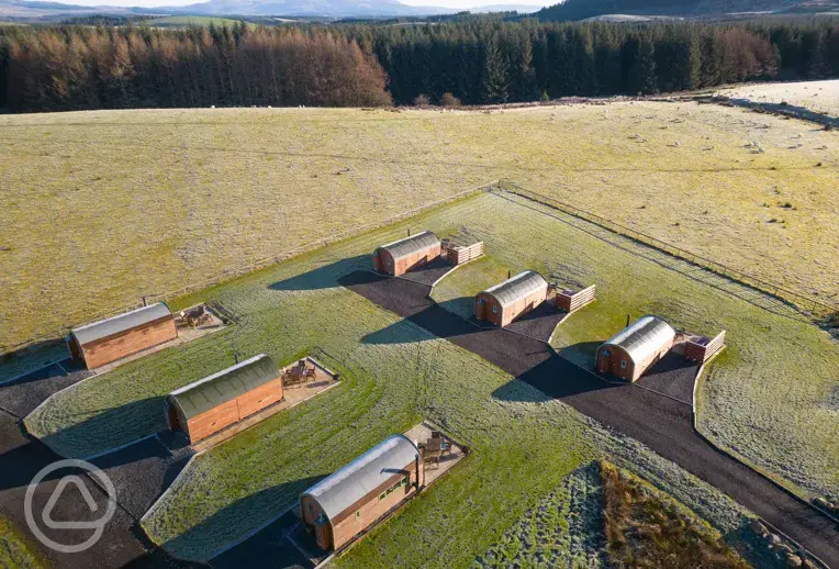Aerial of Barnharrow Holiday Pods overlooking the Galloway Hills