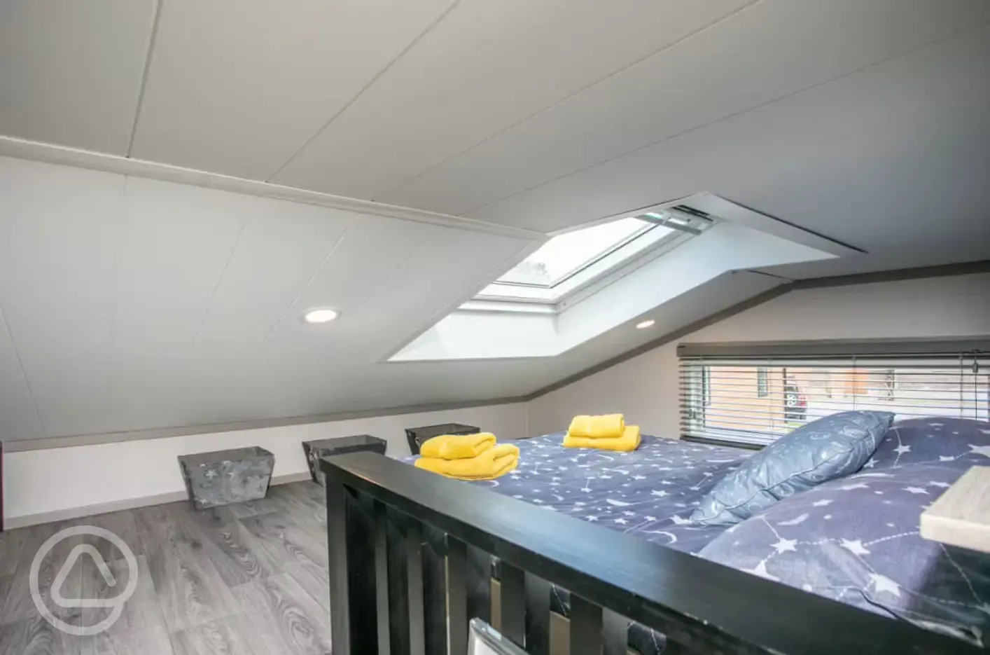 Stargazer glamping cabin mezzanine double bedroom and skylight