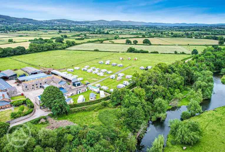 Aerial of Abbey Farm Caravan and Glamping beside River Clwyd