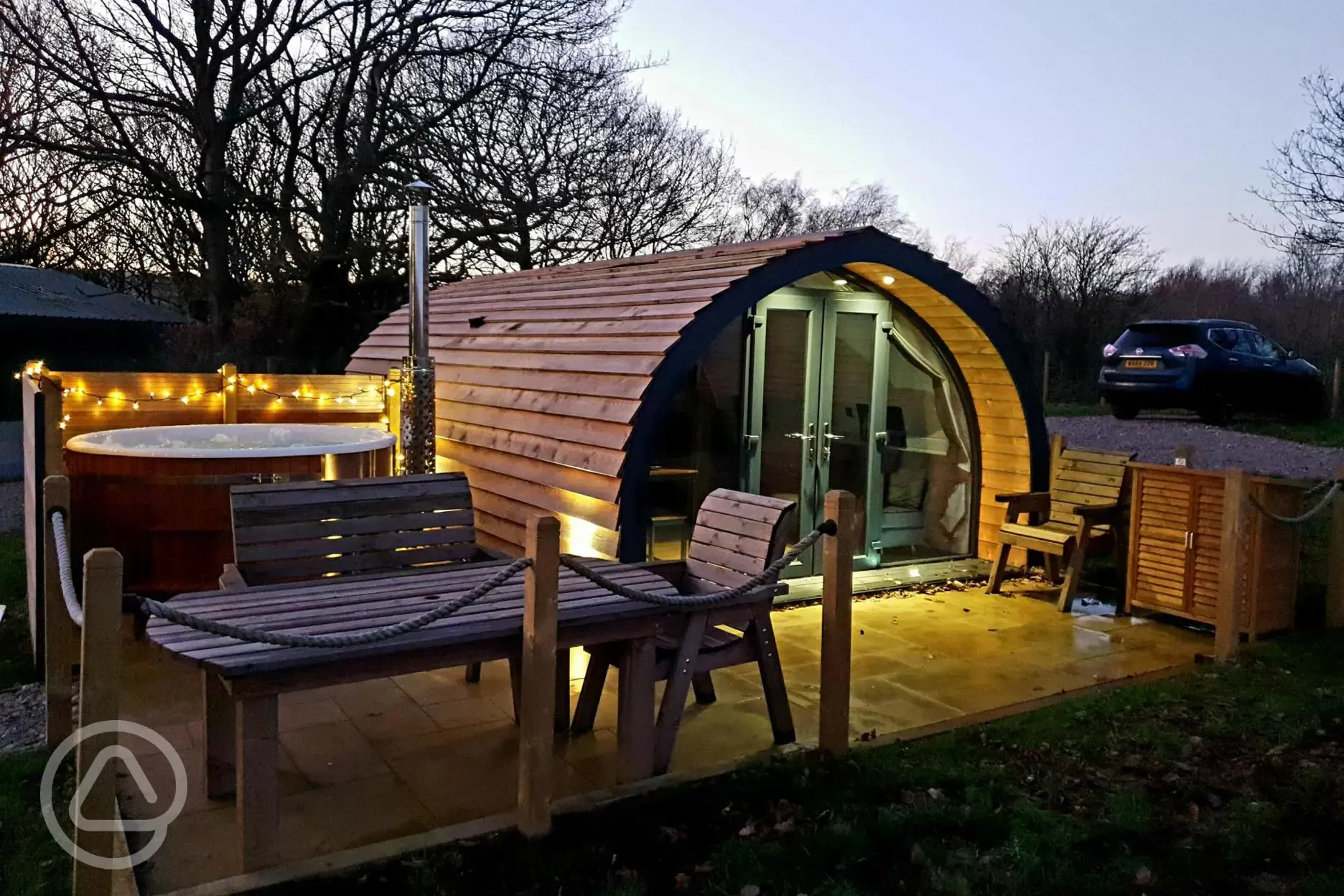 Glamping pod at night