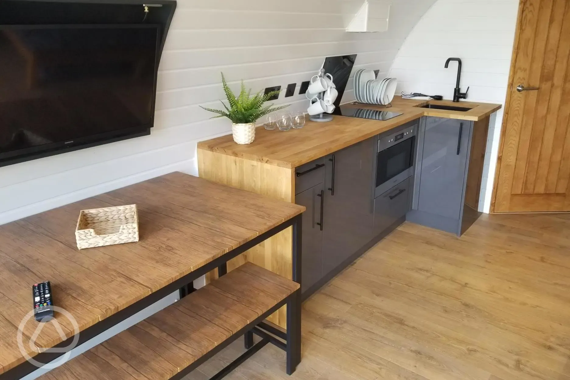 Glamping pod kitchen area