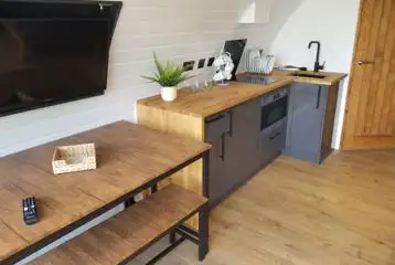 Glamping pod kitchen area