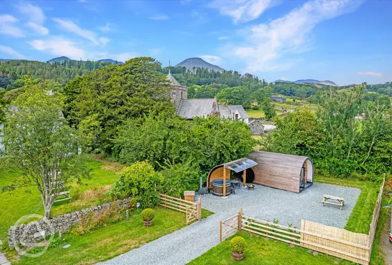 Aerial of the glamping pod and church