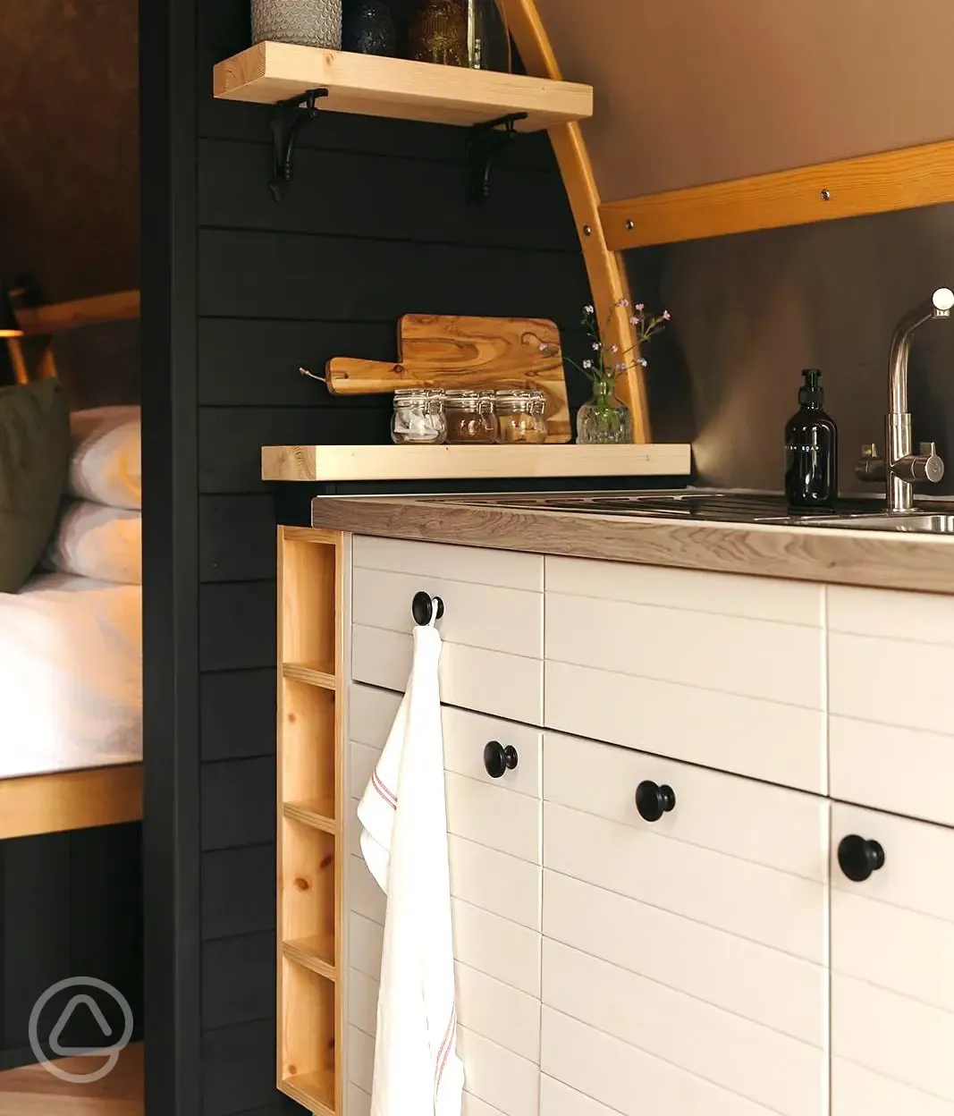 Quarry pod kitchenette with fridge, freezer box, microwave, kettle and toaster Quarry pod kitchenette with fridge, freezer box, microwave, kettle and toaster