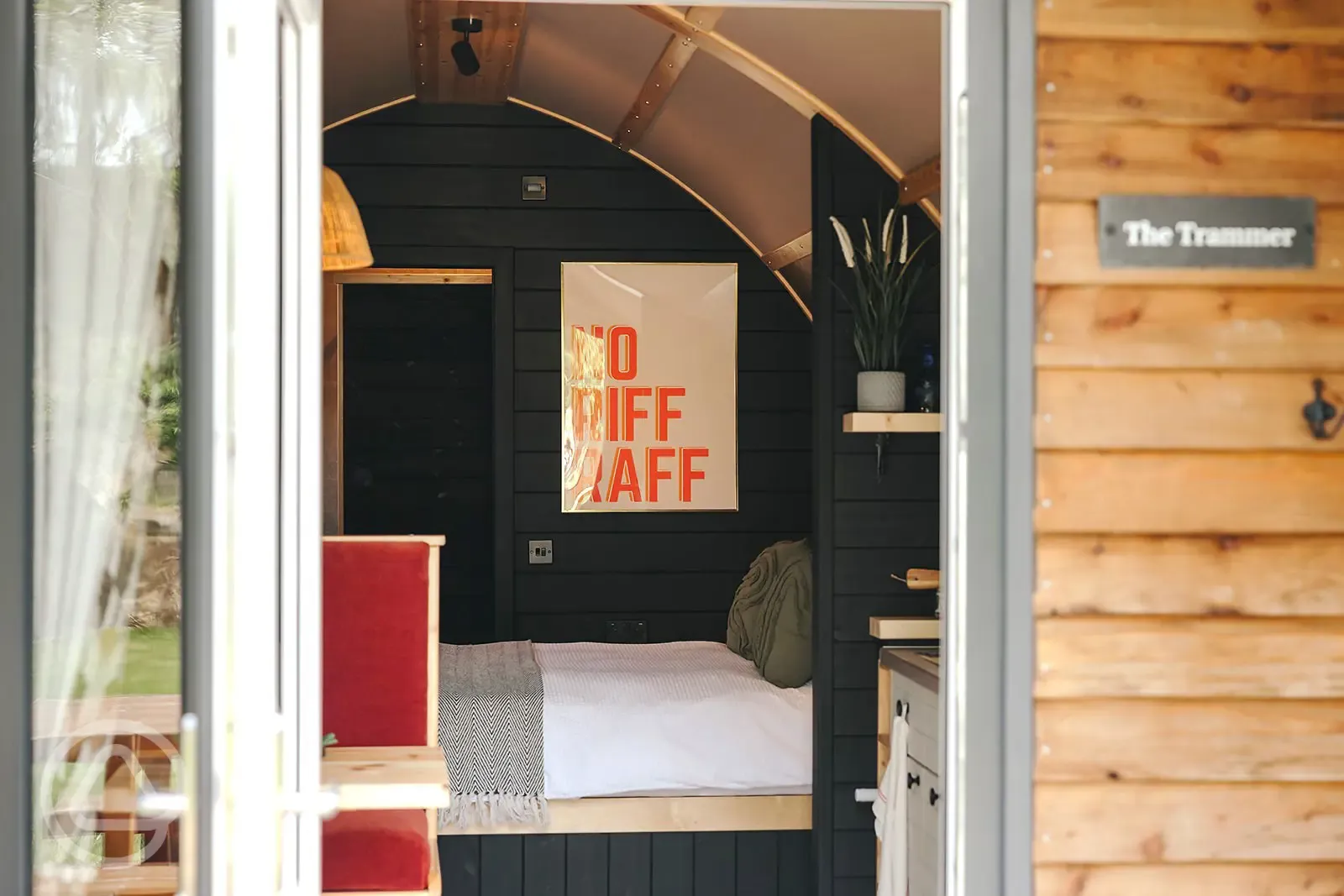 Quarry pod interior with double bed Quarry pod interior with double bed