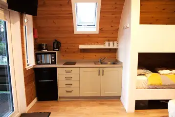The Den and Roost glamping pod kitchen area The Den and Roost glamping pod kitchen area