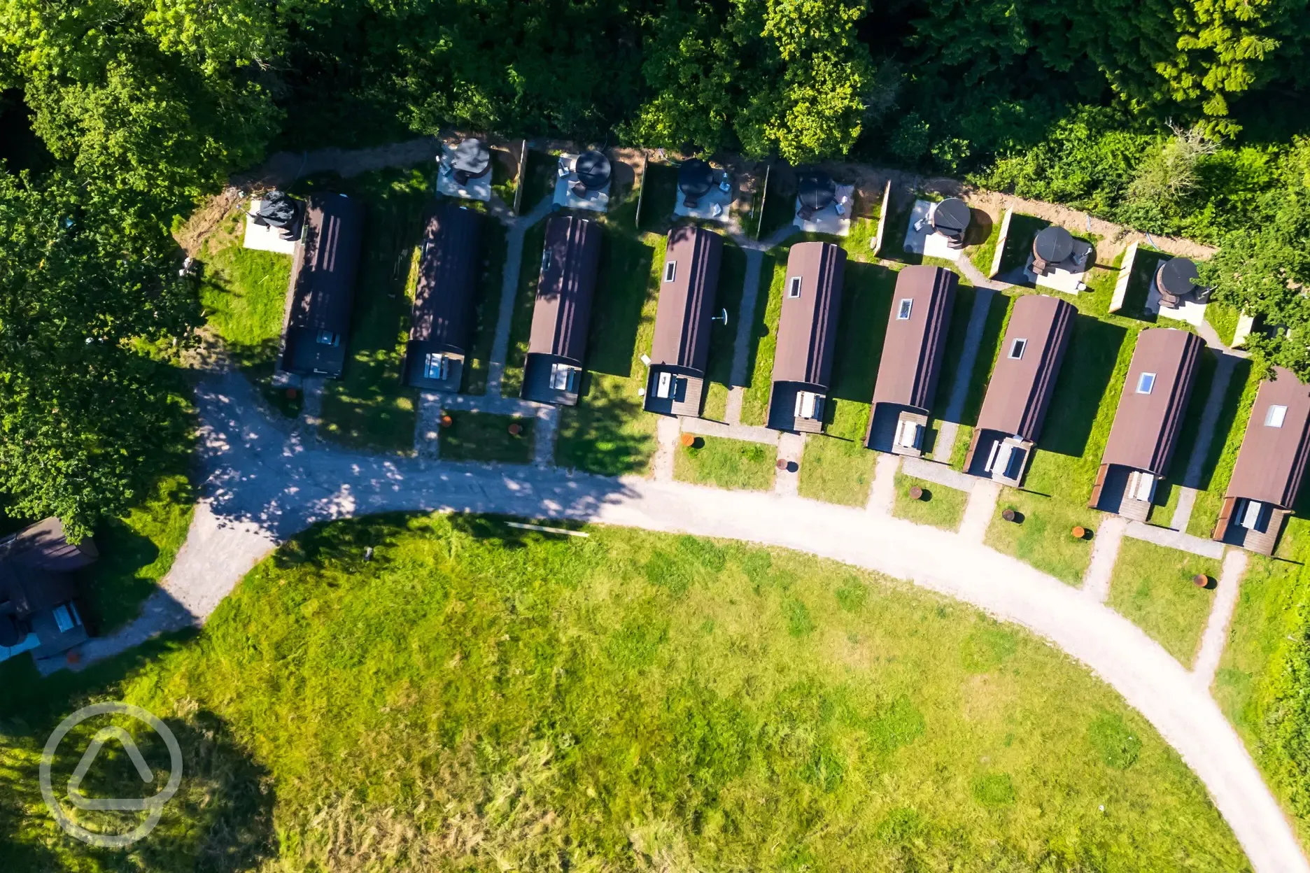 Bird's eye view of the glamping pods at Missing Link Glamping