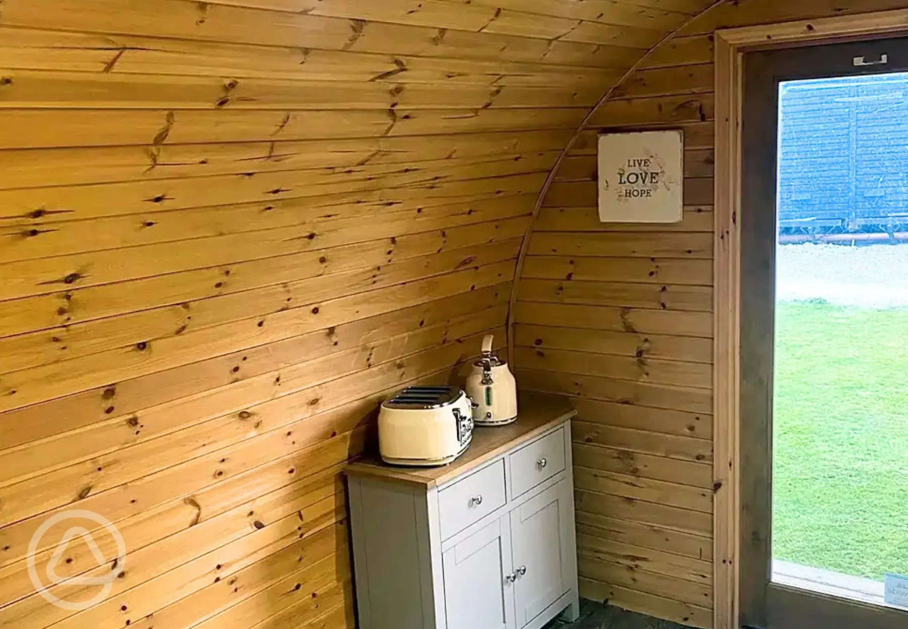 Camping pod interior with a kettle and toaster Camping pod interior with a kettle and toaster