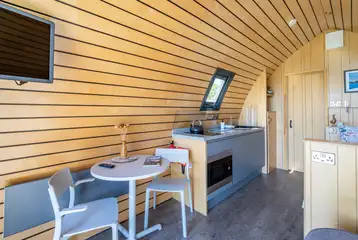 Glamping pod kitchen and dining area