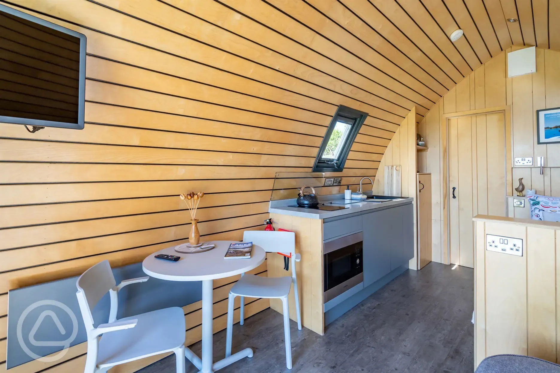 Glamping pod kitchen and dining area