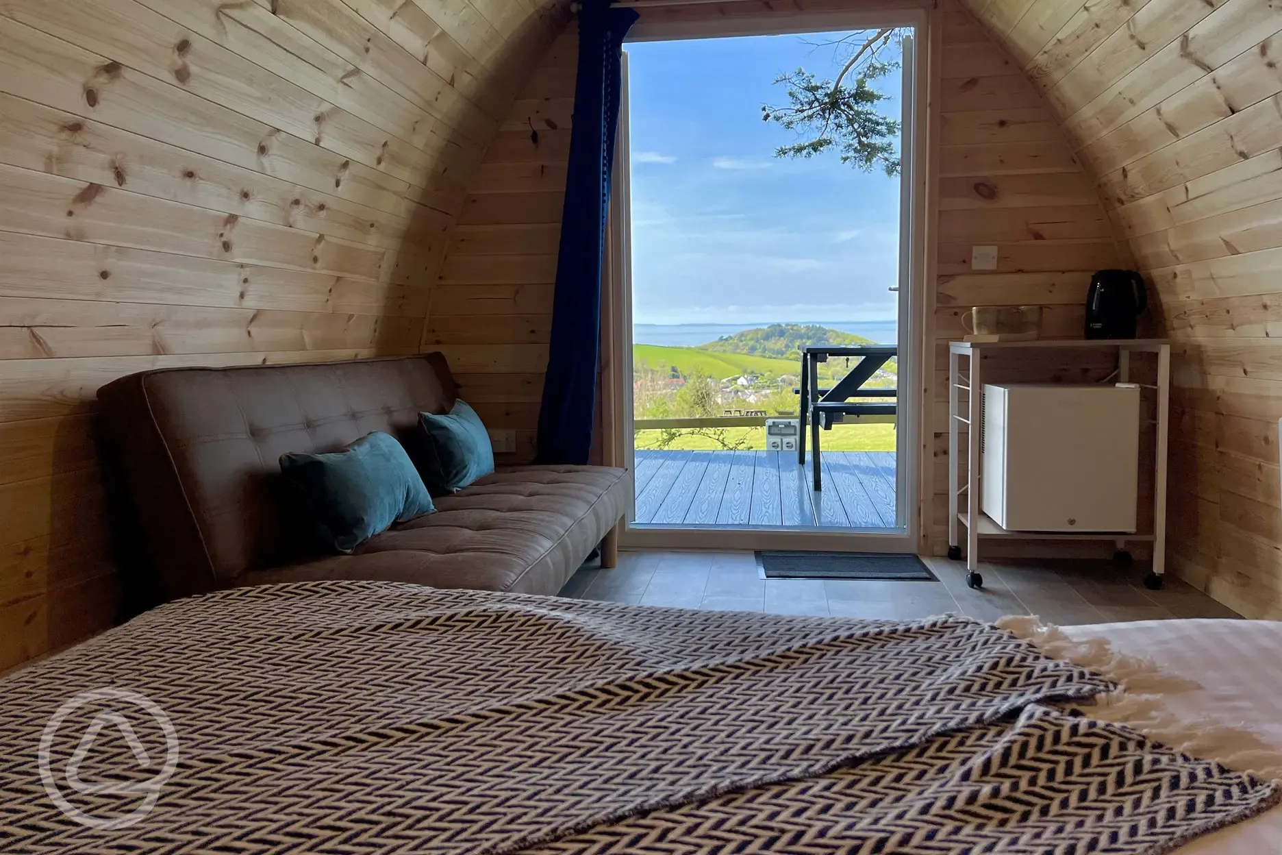 View from inside the camping pod with sea views 
