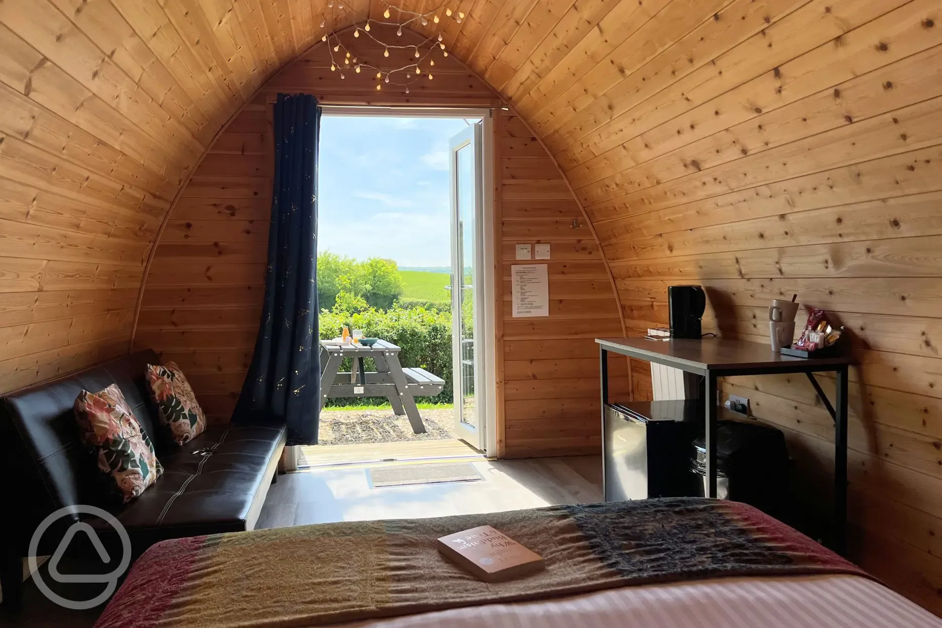 View from inside the camping pod with valley views (dog friendly)