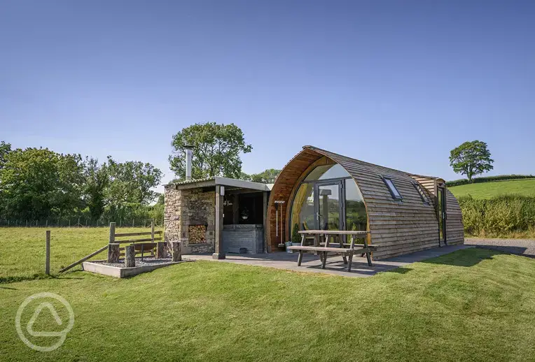 Large cabin style pod with hot tub at Sandwath Farm