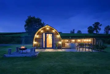 Moorlands glamping pod at night time Moorlands glamping pod at night time