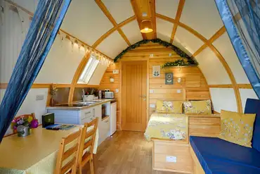 Interior of the Moorlands, Greenriggs, and Waitby glamping pods at Sandwath Farm