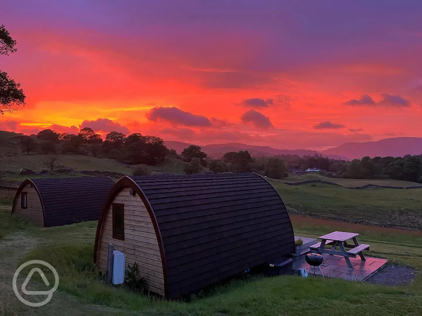 Glamping pod at sunset