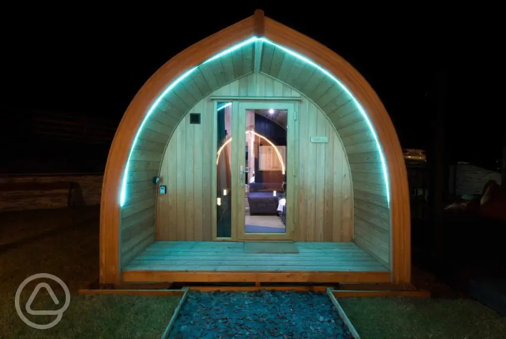 Glamping pod at night