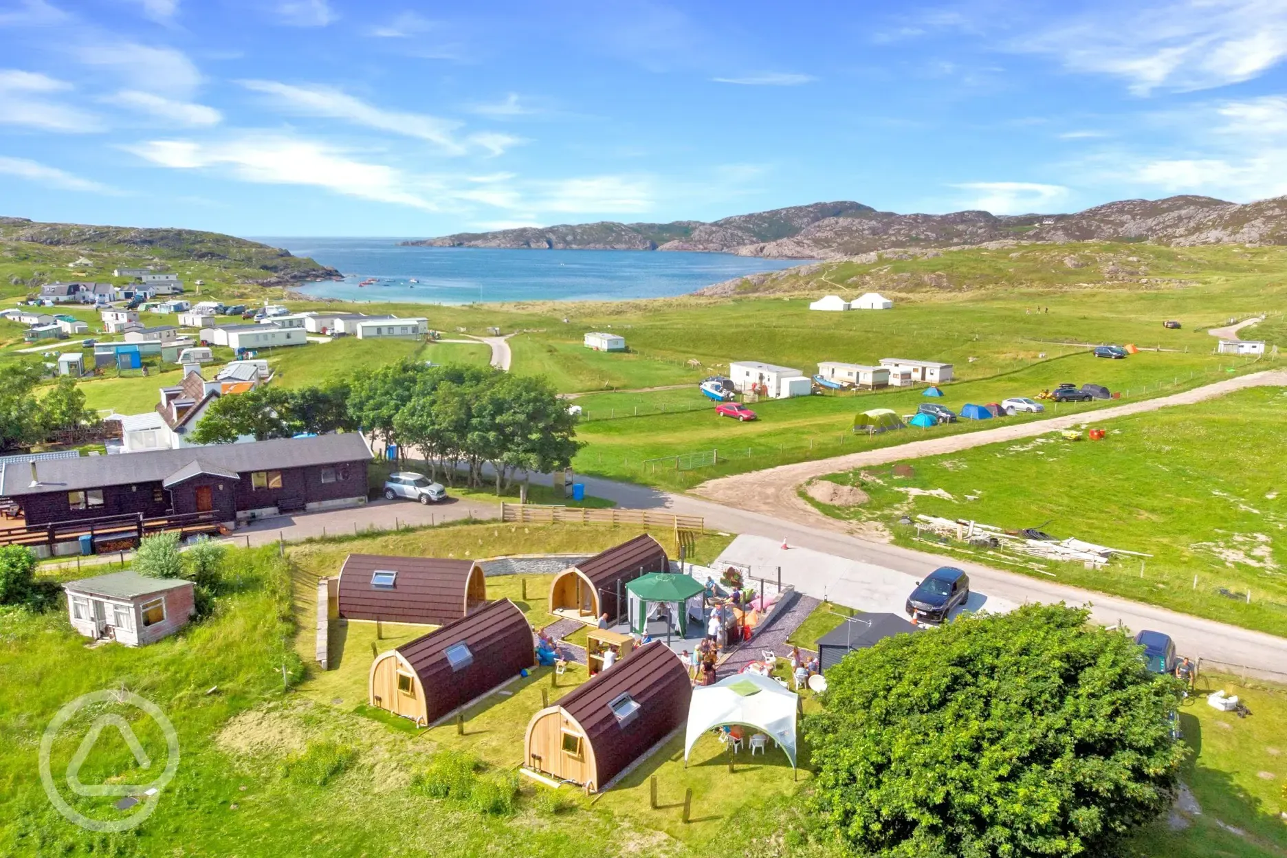 Glamping pods and views of Achmelvich Bay