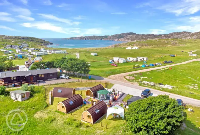 Glamping pods and views of Achmelvich Bay