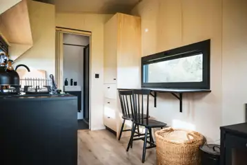 Fox glamping cabin kitchenette and breakfast bar seating