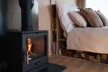 Glamping cabin wood burner and double bed