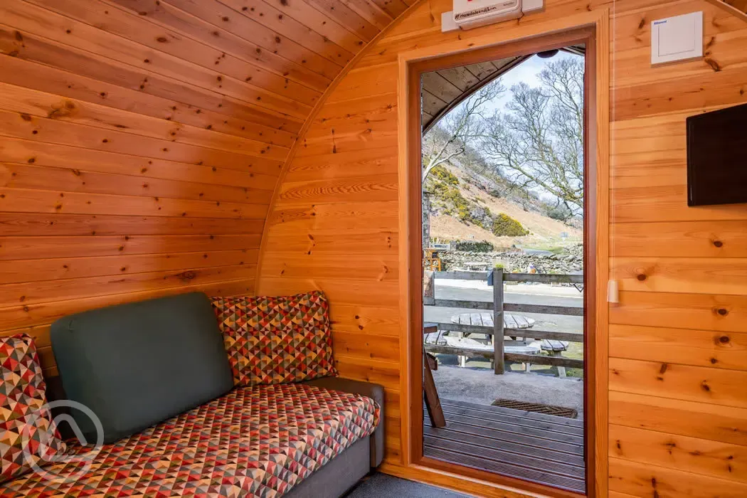 Glamping pod sofa and views