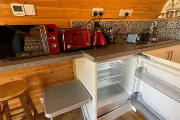 Glamping pod kitchen area