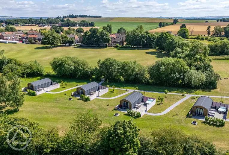Aerial of the ensuite glamping pods at Dwell On The Moor