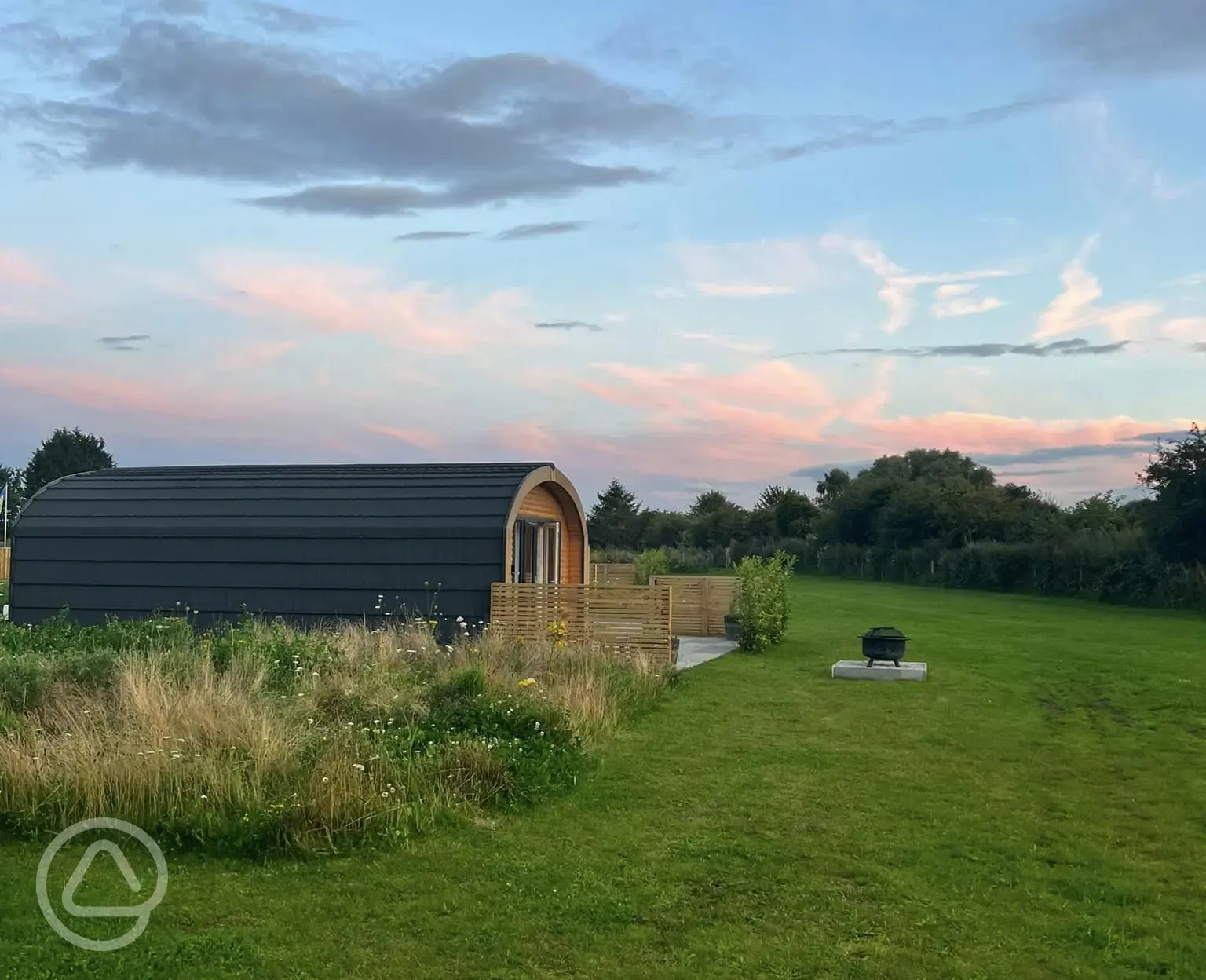 Glamping pod at sunset