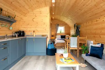 Glamping pod with hot tub interior