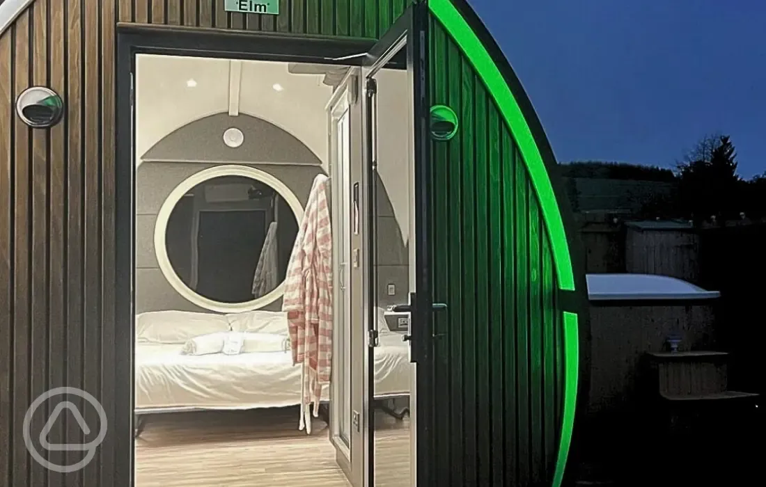 Glamping pods at night