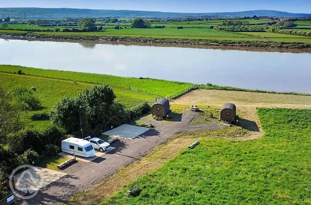 Aerial of the site on the banks of the River Severn